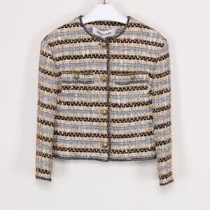 Veronica Beard Women Sumira Metallic Tweed Jacket Blue/Ivory Size 10